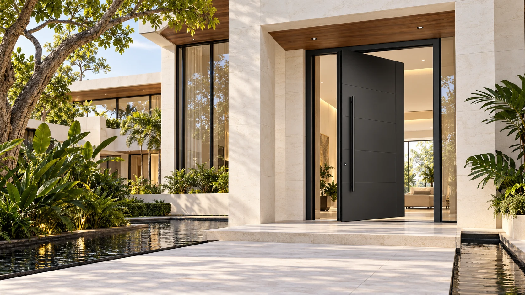 Modern limestone house with charcoal entrance