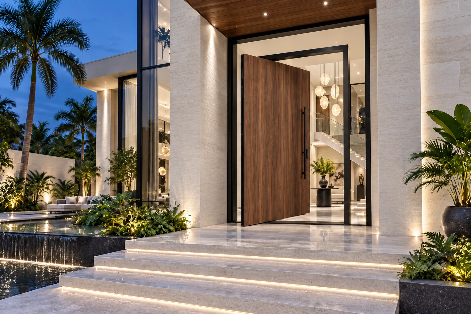 Featured walnut pivot door installed in a luxury stone mansion