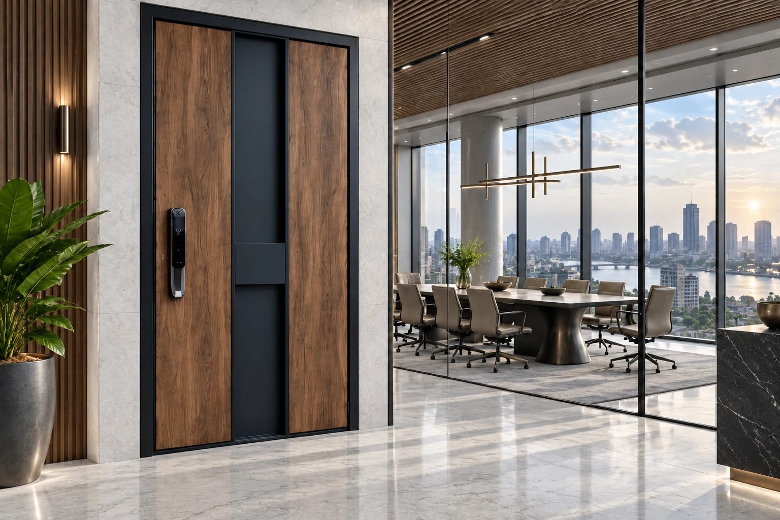 Walnut smart door beside a glass executive boardroom